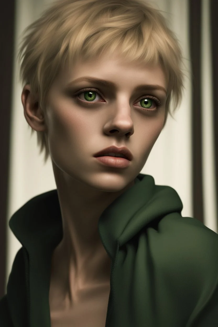 ultra realistic photograph of a very thin young woman with short blonde hair and green eyes bruised face with a frightened expression wearing a loose black teeshirt