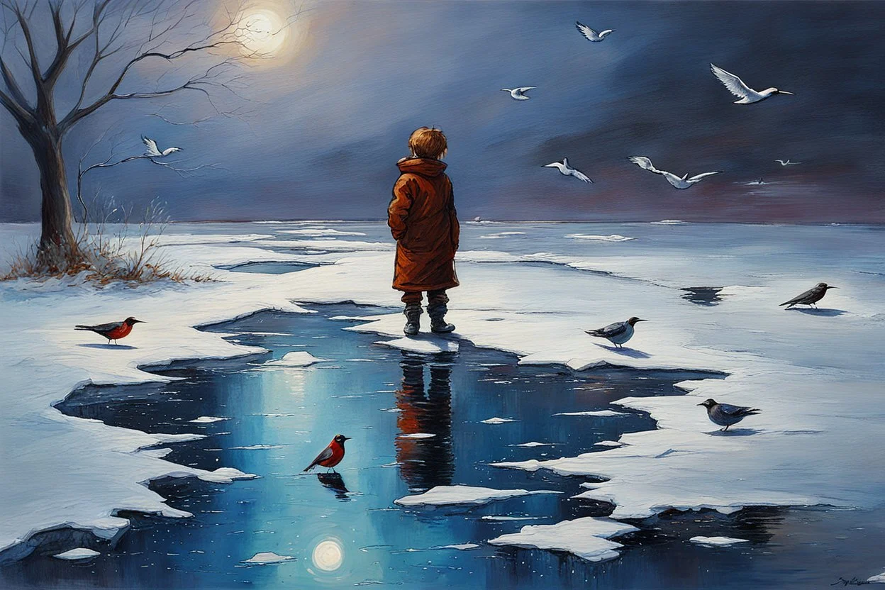 Gems and precious stones, little puddle, space, person, ice, winter, flying birds, fantasy, john singer sangent impressionisn painting