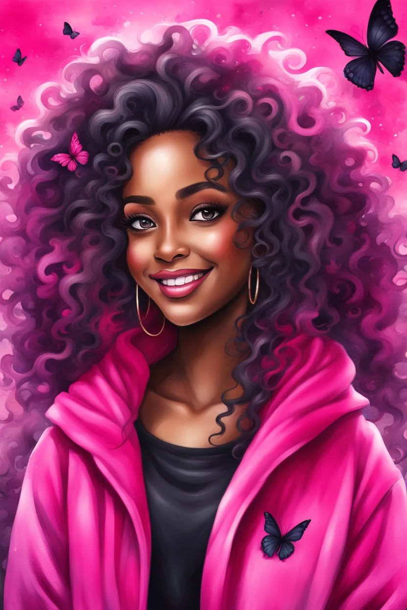 vibrant watercolor painting image, airbrush, 48k, cartoon art image of a black curvy female looking to the side smiling with a large mane of curly ombre hair flowing through the wind while she has a hot pink hoodie on, prominent makeup with hazel eyes, highly detailed hair, background hot pink and BLACK BUTTERFLIES surrounding her, dystopian charcoal