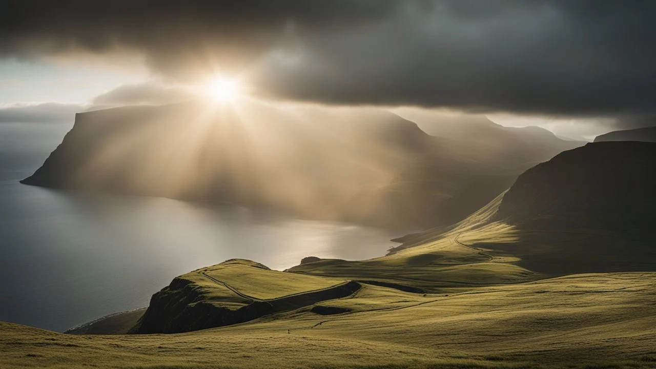 Mountainous landscape on the Faroe Islands, dramatic sunlight, chiaroscuro, awe-inspiring, beautiful composition, award-winning photograph