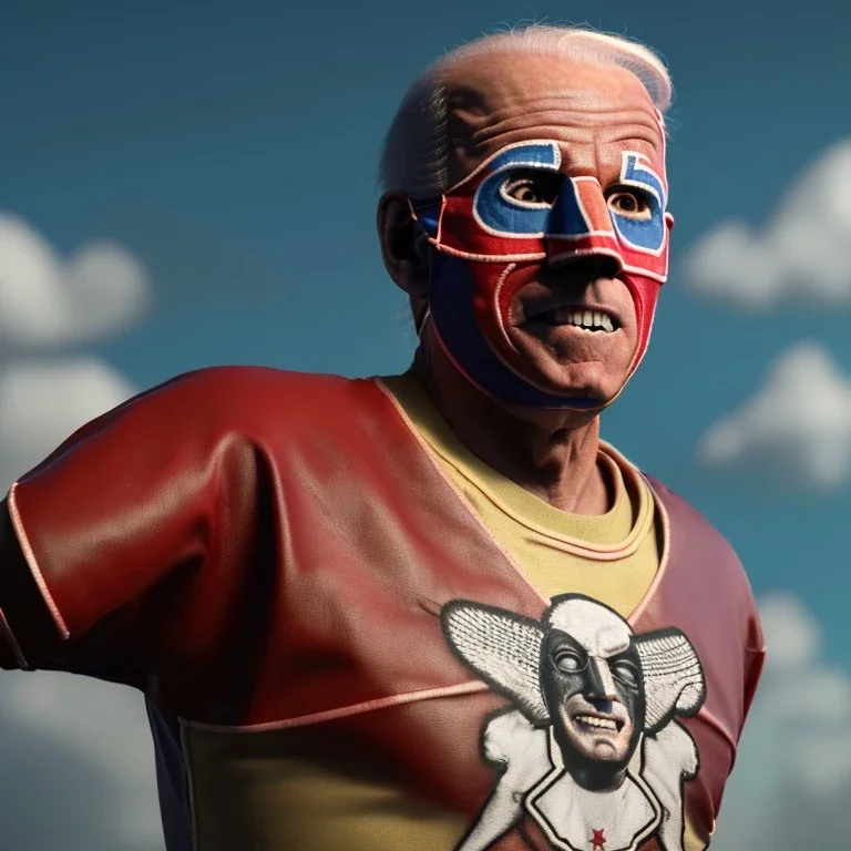 realistic image of joe biden as a mexican wrestling fighter posing outdoors, Mexican eyes wrestling mask, retro style, 80s, vibrant color, highly detailed, sky background, concept art, unreal engine 5, god rays, ray tracing, RTX, lumen lighting, ultra detail, volumetric lighting, 3d, finely drawn, high definition, high resolution.