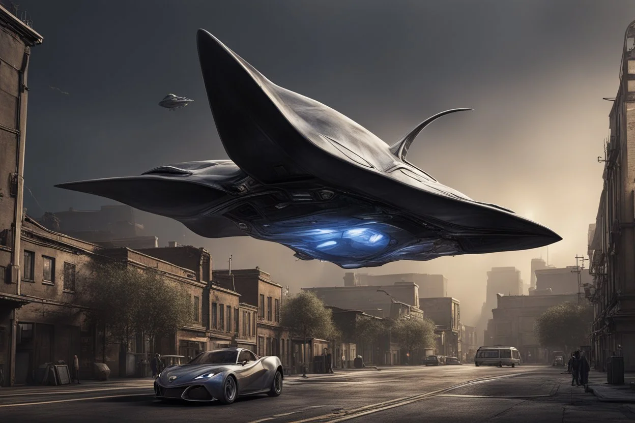 small, sleek, cargo spaceship, looking like a manta ray, landing on an alien street, photorealistic, highly detailed