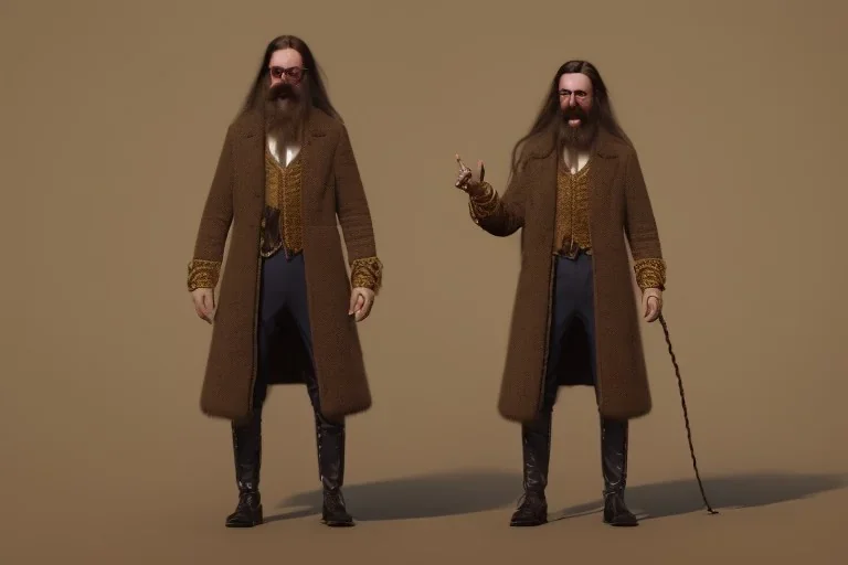 Boisterous braided long haired bearded tall man wearing gold rings and long fur trimmed merchant's coat, dark background, dynamic lighting, full body view, golden glowing eyes, medieval fantasy, monocle