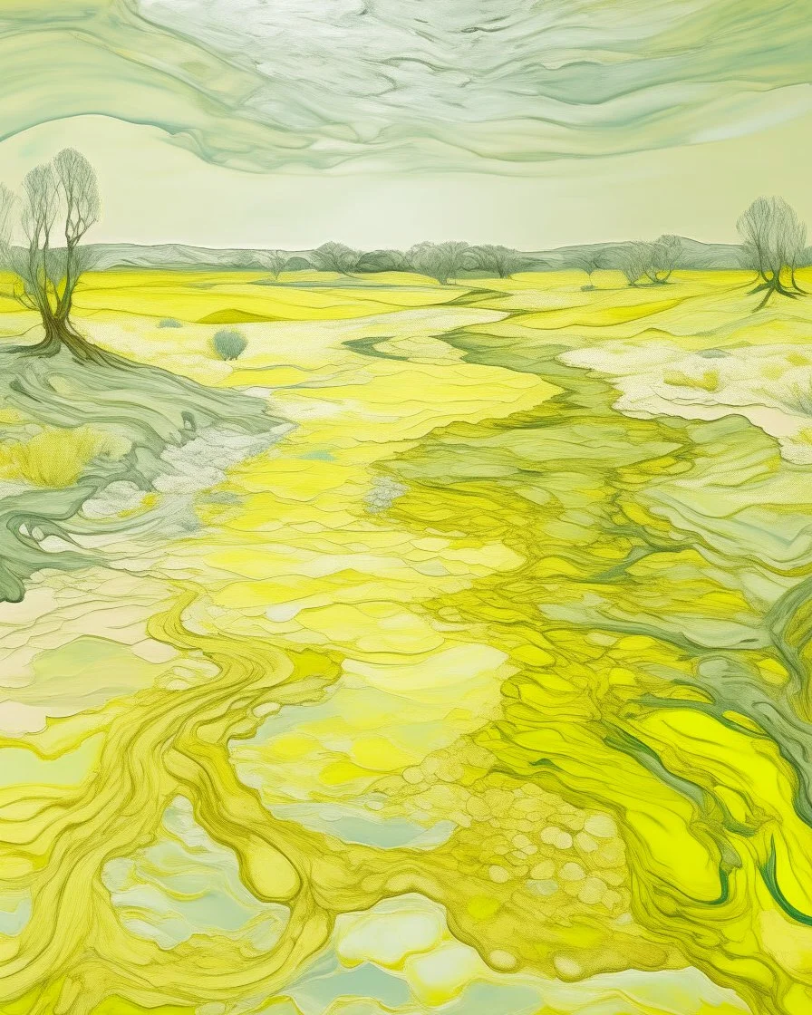 A pale light yellow wasteland with acid pools painted by Vincent van Gogh