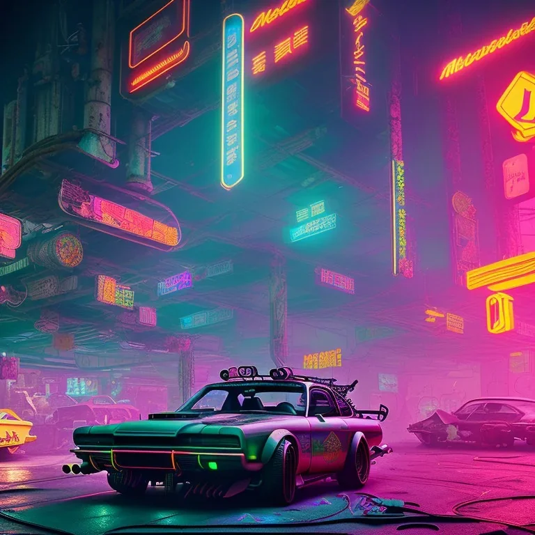 photo quality, unreal engine render, highest quality, stop-motion animation, vivid neon colors, volumetric lighting, cyberpunk 2077, classic car junkyard, deep colors in a dark setting background, post-apocalyptic,