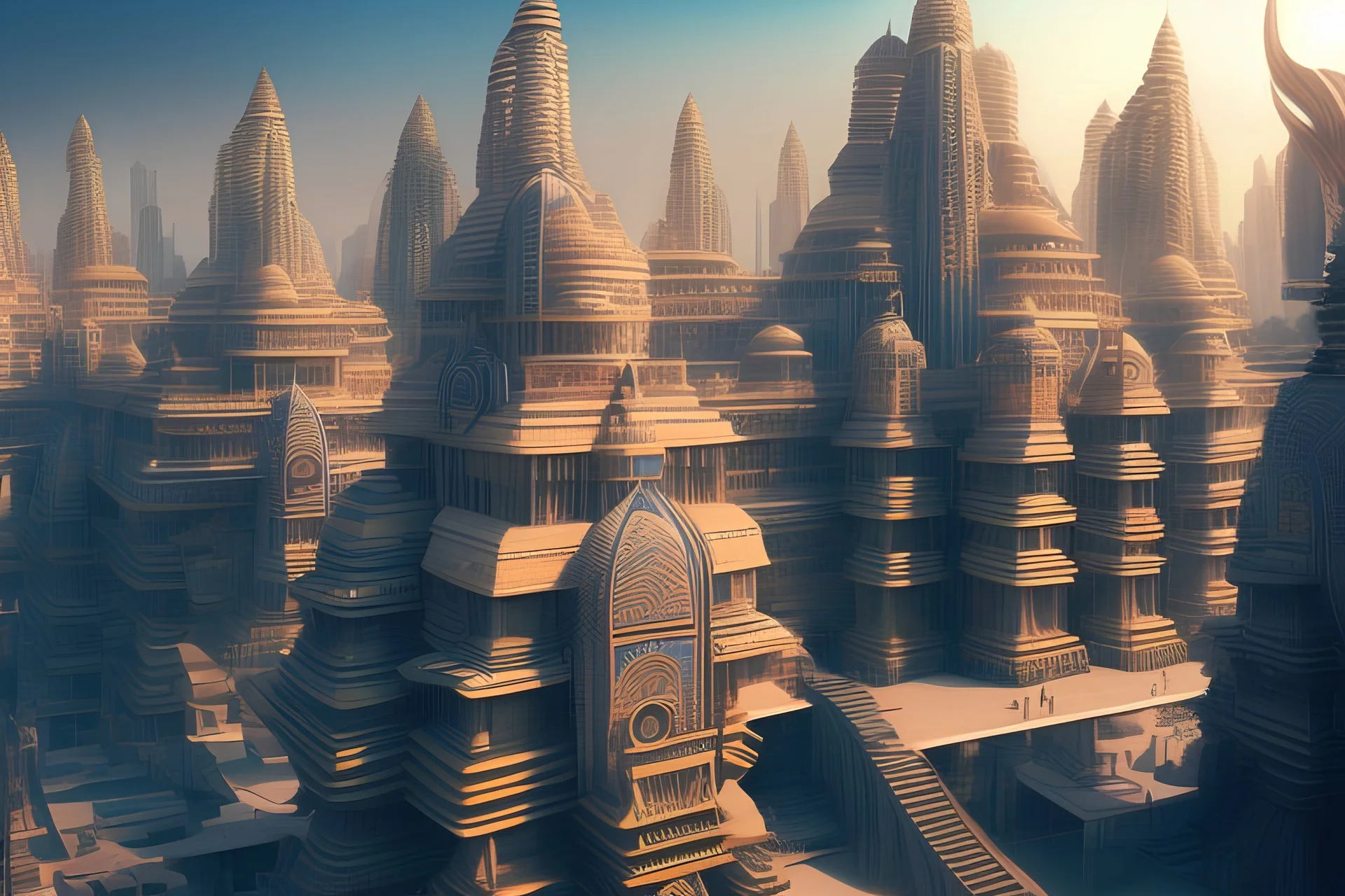 Grand scale Indian city, modern futuristic, inspired by hindu Architecture, show skyline, entire city