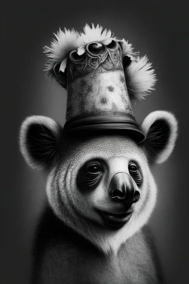 KOALA HEAD WEARING A JESTER HAT, BLACK AND WHITE