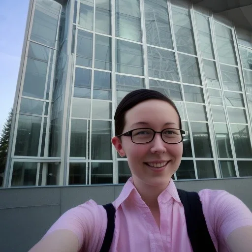 A short haired, female software engineer taking a selfie in front of Building 92 at Microsoft in Redmond, Washington