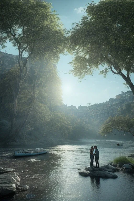 a couple kissing, background blueish sky and a river, cinematographic, 3d render