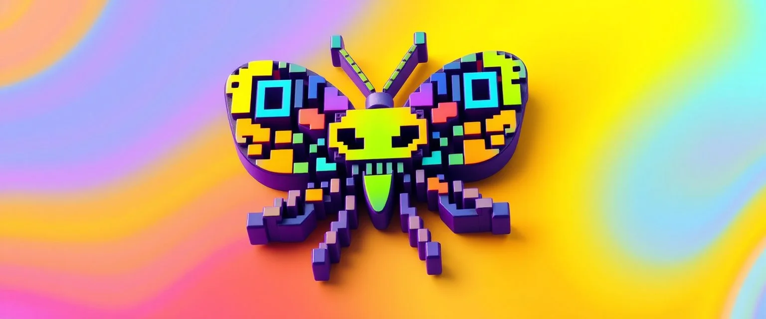 a qr code that looks like a space invader alien 3d butterfly with colors from the rainbow spectrum