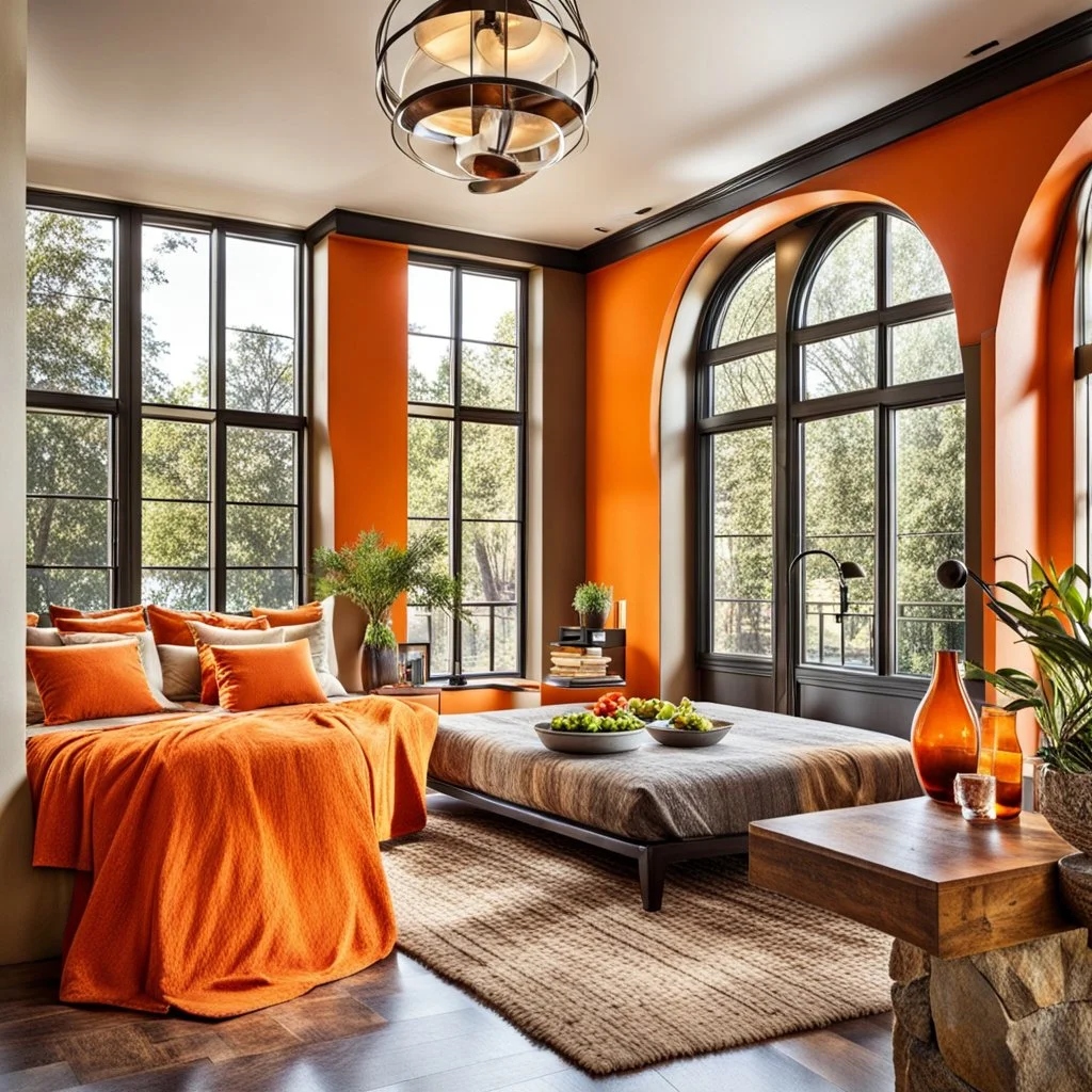 ladytigerette❤️ Warm orange and stone water nice……. Large window in bedroom 😍. Open wide room 😍. Too bad could see the bathroom n kitchen. I love open concept.