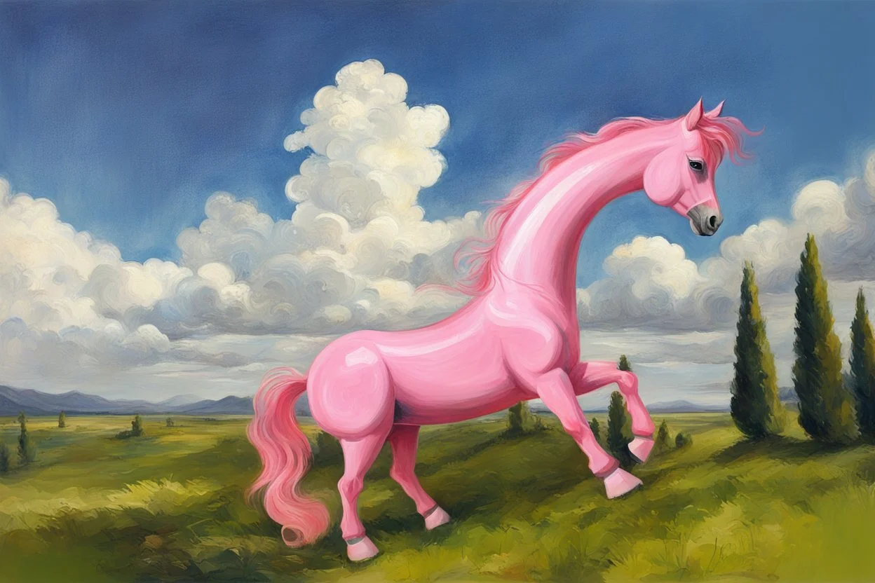 Big pink plastic toy horse.19th painting