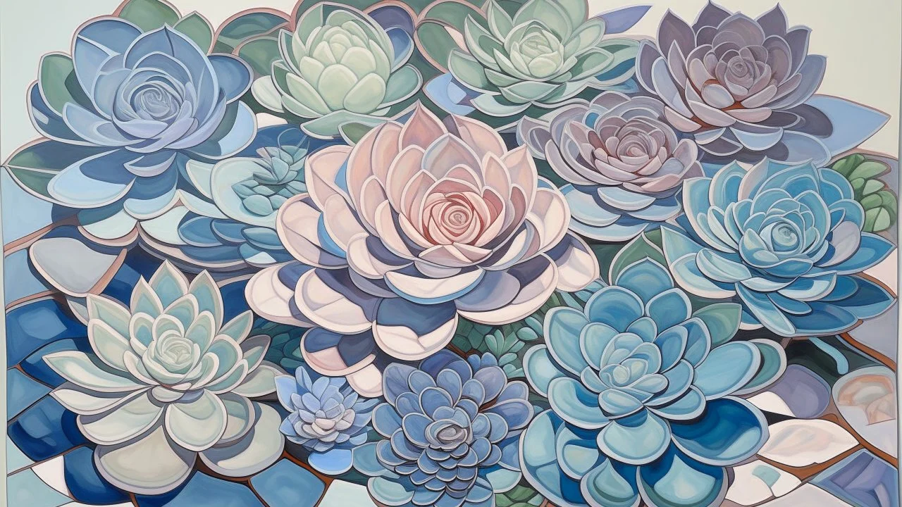 Tema: Rosetas de echeverias superpuestas → Disciplina: pintura decorativa → Entorno: mesa de cerámica artesanal → Estética: Pattern and Decoration → Lenguaje visual: simetrías florales → Materialidad: gouache sobre papel prensado → Composición: repetición radial → Iluminación: uniforme → Paleta: tonos pastel → Atmósfera: delicada y ornamental → Paleta cromática: celestes, malvas, verdes agua, crema → Grado de abstracción: medio → Nivel de detalle: alto → Tipo de textura: aterciopelada → Lenguaje