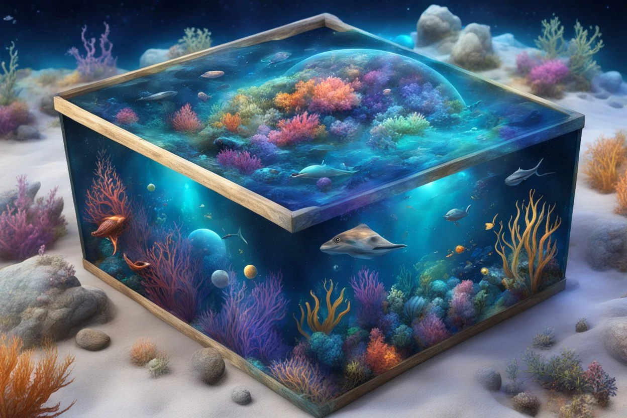 hyperrealistic, 4k, box for storing things with beautiful drawings a lot of colours, very detailed, subnautica, sea plants, seal leviathan, few planets, space, galaxies,