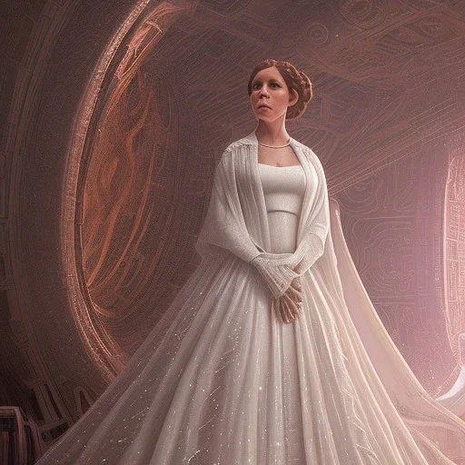 hyperspace background, complete and photo realistic detailed head to waist stunning photo realistic portrait of carrie fisher as Princess Leia in star wars with photo realistic minimal updo hair by Mandy Jurgens and mucha and Richard Schmid and chuck close and chie yoshii, extraordinary and detailed ceremony dress of star wars,brown eyes