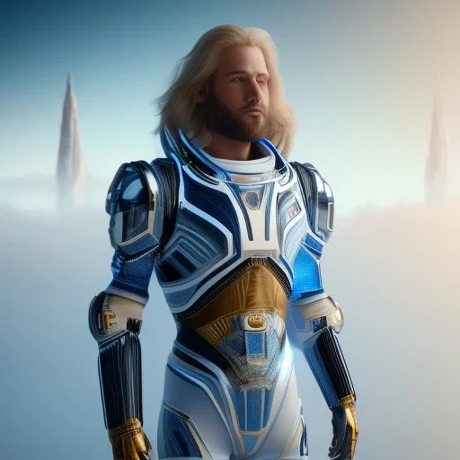 Full body ,Beautiful cosmic man, blue eyes, long blond hair, smiling, cosmic suit, galactic backdrop, soft lighting, hyper realistic, unreal engine 5, 16k