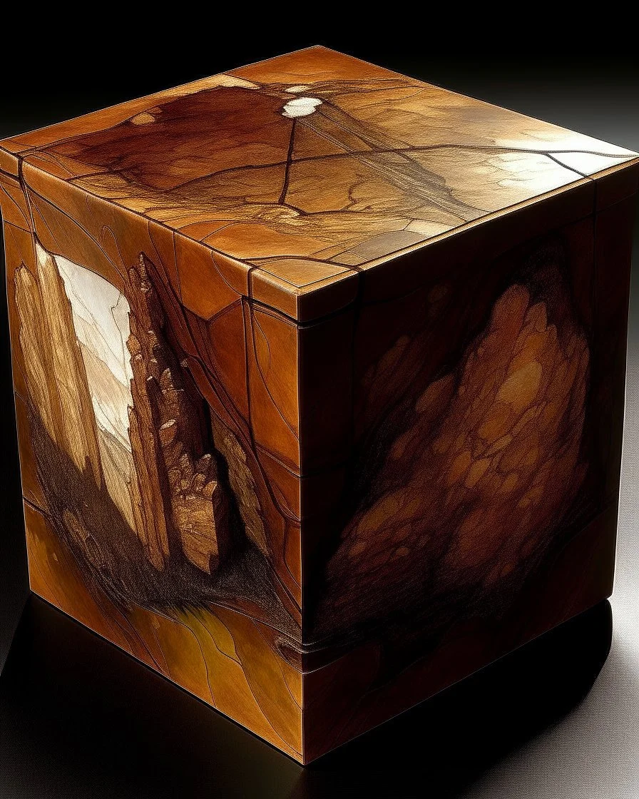 A brown cube-shaped rock painted by Albrecht Durer