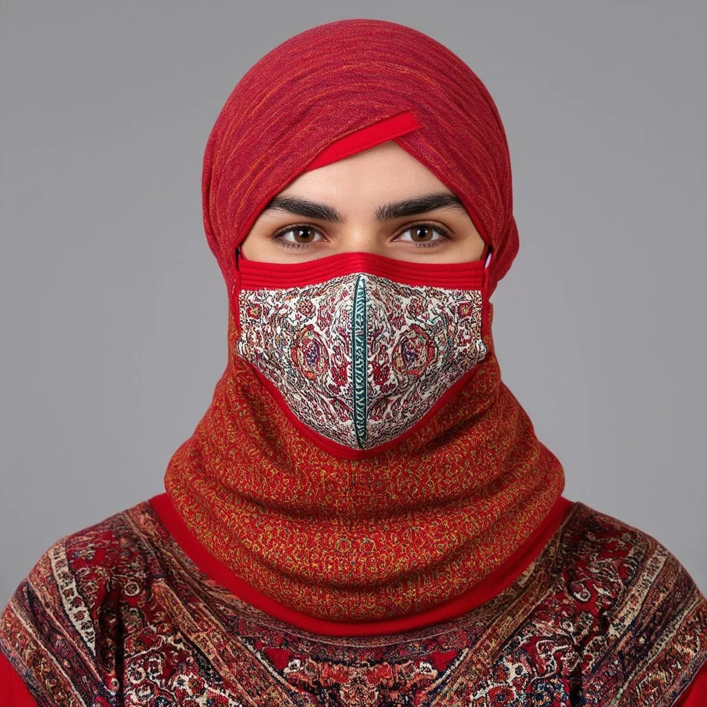 Full face mask. Made of carpet. With symbols of Iranian carpets and Iranian culture. Modeling photo using red colors.
