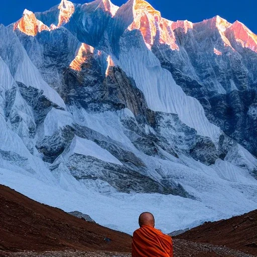 indian monk in himalaya at sunset