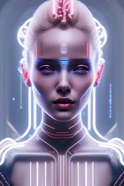 cyberpunk, head, women, portrai, tron sketch of a girl on lined paperA beautiful one nude body of a make up smiling woman blond long hair, alone, high key lighting, volumetric light high details with white stripes and blue eye, smiling with plump pink lips, flowers around, unreal engine petit prince belle fine, profil de trois quart, grand front cosmique, peau bleu cristalline, yeux bleu, perle sur le front long cheveux blond et rose etoilé, cristaux sur le corps, collier de grande princesse, l