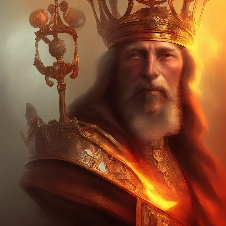 a king with a crown on fire fading into oblivion ,red accents, digital painting.