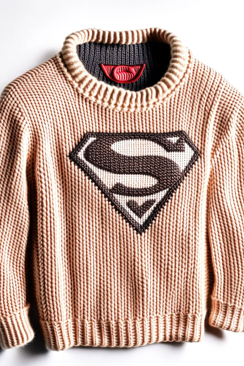 Men's Superman's Balenciaga Winter sweater V neck elegant inspired by Superman's emblem design beige tones with dual color on a white background, product catalog photography, soft spot lighting, depth of field, 4k –ar 3:5 –q 2