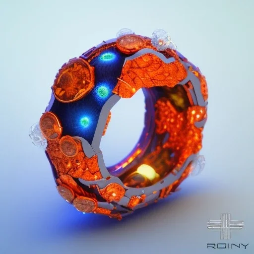 Ring made by wood roots and shreds of glass, orange diamonds sparkles, red rubi fragments around, blue lights reflexes, complex structure, gold details, intricate ring pattern,Unreal Engine 5, macro lens,sharp focus, realistic, hyper detailed, studio lighting, neon light ambient, cinematic