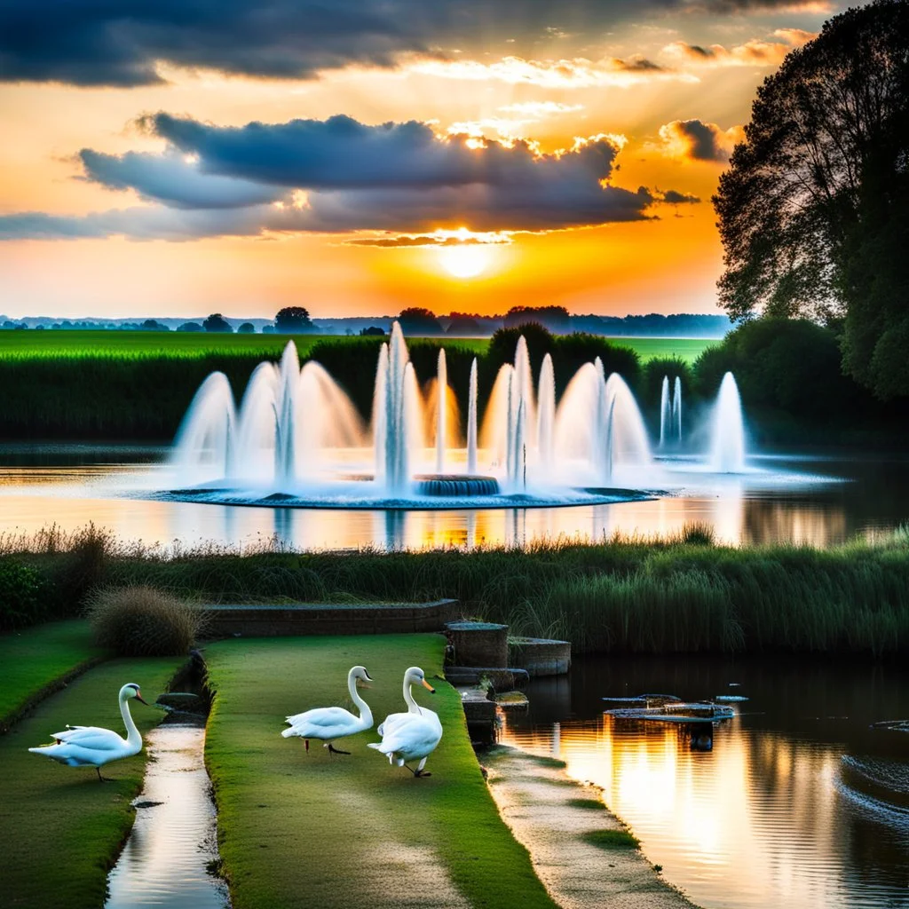 camera captures full scene of where 12 fountains in a small sea shoot water jets in sky and splashes of water ,in country side,pretty cloudy sky ,moving clouds and godrayes sunset,swans and duks in water .