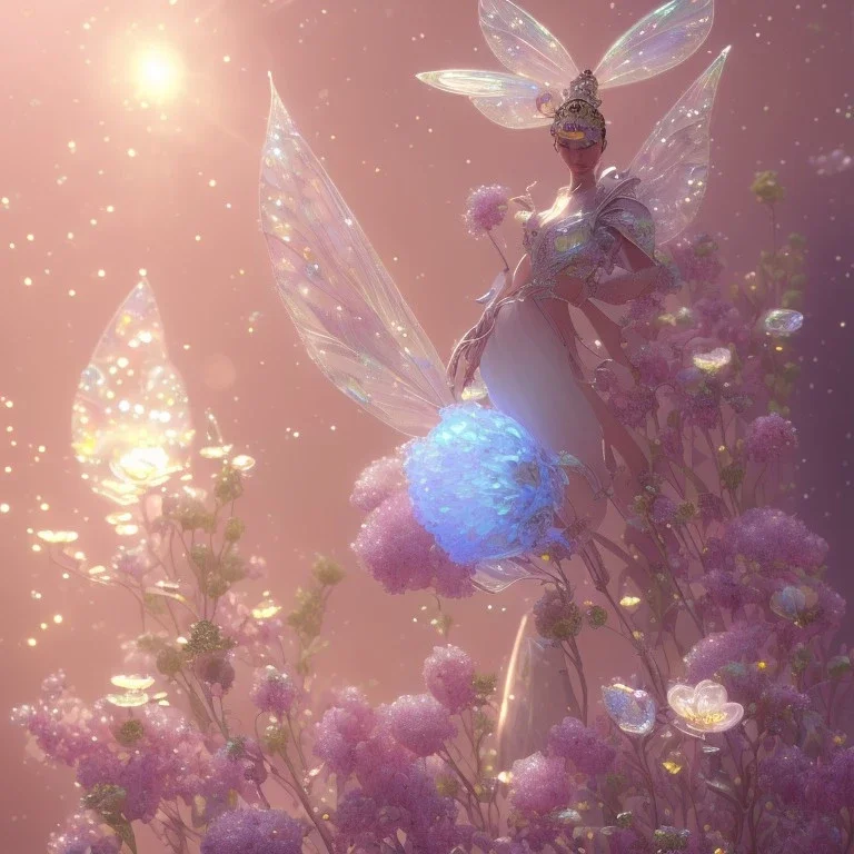 one big crystal subtle flower in a galactic ambiance with a beautiful fairy, transparent petals, delicate colors, in the foreground, full of details, smooth，soft light atmosphere, light effect，vaporwave colorful, concept art, smooth, extremely sharp detail, finely tuned detail, ultra high definition, 8 k, unreal engine 5, ultra sharp focus