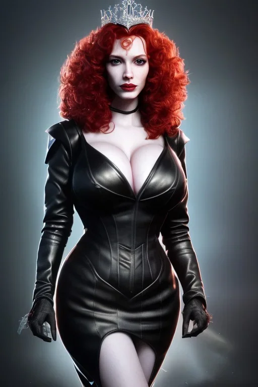 Christina Hendricks as evil queen in black leather gown, feminie, angry, stern look on her face, volouptous, busty, cleavage, emperious, mature, style of frank miller sin city, unreal 5, octane render,cinema4d, dynamic lighting, dramatic lighting, 4k, redshift render, highly detailed, hyper realistic, inside dungeon