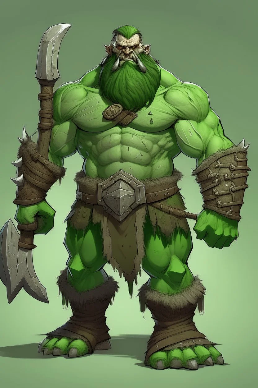 A tall green halforc barbarian