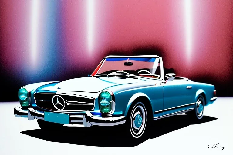 a true-to-life 1963 mercedes 230sl, centered, intricate, extreme detailed, photorealism, center view, city background, pivot on mercedes, pen and color marker painting by cheryl kelley