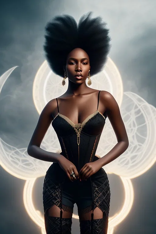 A portrait of a beautiful curvaceous black woman with long black hair, wearing a lace black corset, wizard, magical, ethereal, intricate, sharp lighting, misty. Concept art by wlop. Ultra quality 8k.