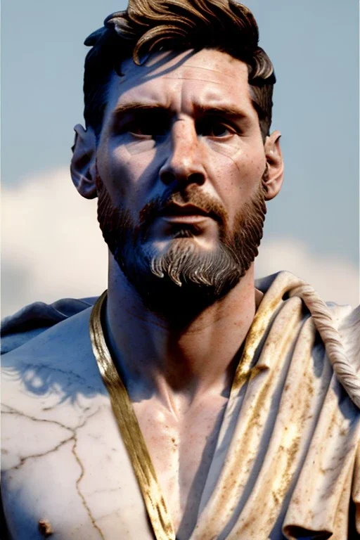 Realistic image, Roman sculpture made in white marble with gold veins, Lionel messi with gold laurel leaves crown, two blue brushes, decorative star on the chest, waist up portrait, marble material, gold ornaments, Baroque style, sun rays background, epic, celestial, cinematic lighting, God lights, 4k resolution, smooth details, soft lighting, unreal engine 5, art station, substance 3d.