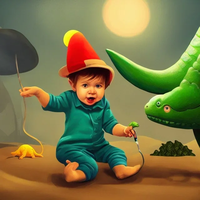 1yo little szymon is on safari onthe moon. petting a green dinosaur. he has big binoculars and a funny hat. High detailed. Cinematic. Digital painting. Warm lights.