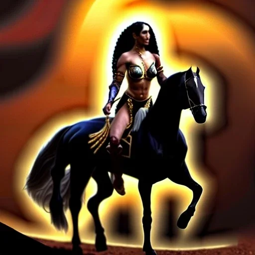 ultra detailed portrait of beautiful Dejah Thoris Riding a Black Horse and wearing a bikini plate armor, extremely detailed digital painting, in the style of Ken Kelly and A.J. Manzanedo and FRANK FRAZETTA and Simon Bisley and Ashley wood and Alex Horley, mystical colors, rim light, beautiful lighting, 8 k, stunning scene, raytracing