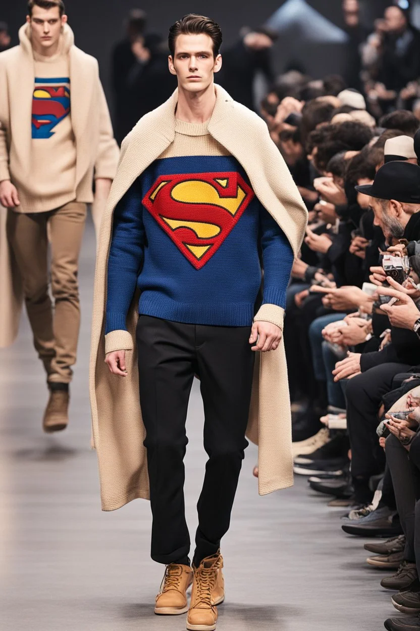 a men winter fashion runway Superman with industrial clothes inspired by Superman Emblem style, embroidery sweaters fashion beige tones