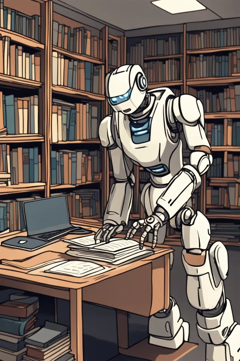 The library is serviced by computers, and there are many books on the shelves. The robot sits at the table and searches for books in the catalog in the computer Expression. High-quality drawing, 8K