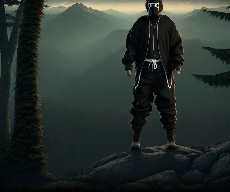 Ninja portrait , no face, black jogging suite, in the night Alps , angels background, volumetric gold light, high detail, dark leaf tree, dark mountains in background, perfect, HR Giger style