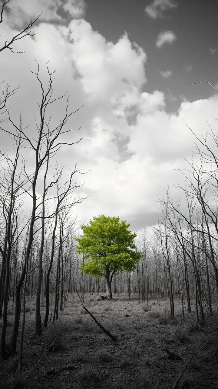 A wood with thousands of trees with no leaves in the desert in a black and white only one tree with green leaves in the middle , s clouds and gray skies, high quality, cinematic 8k and fantastic lighting