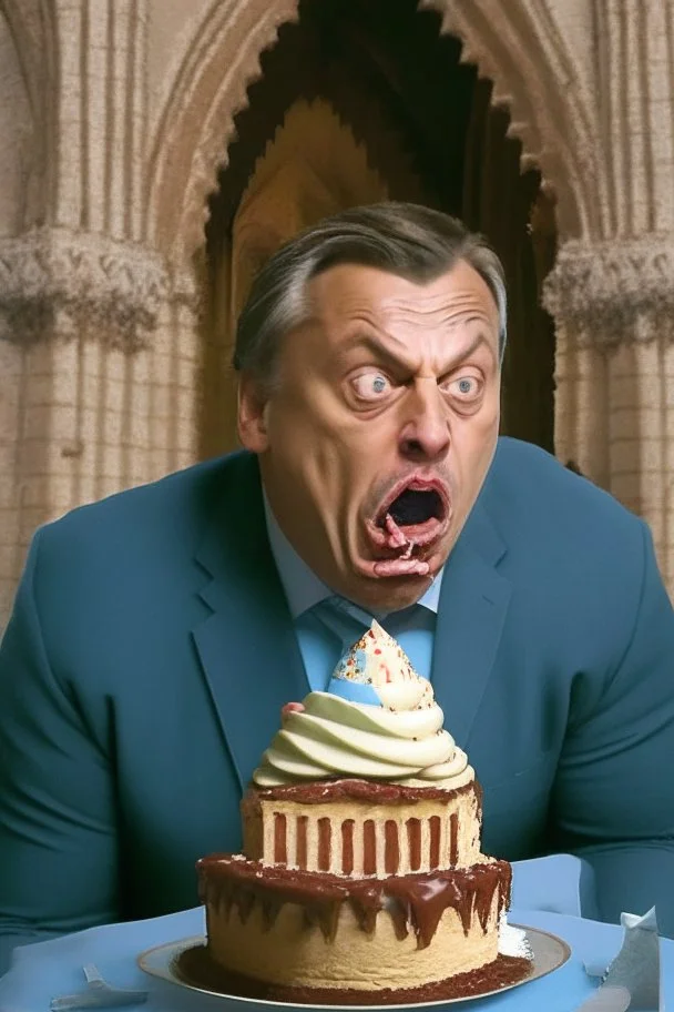 viktor orban being afraid eating cake in a castle