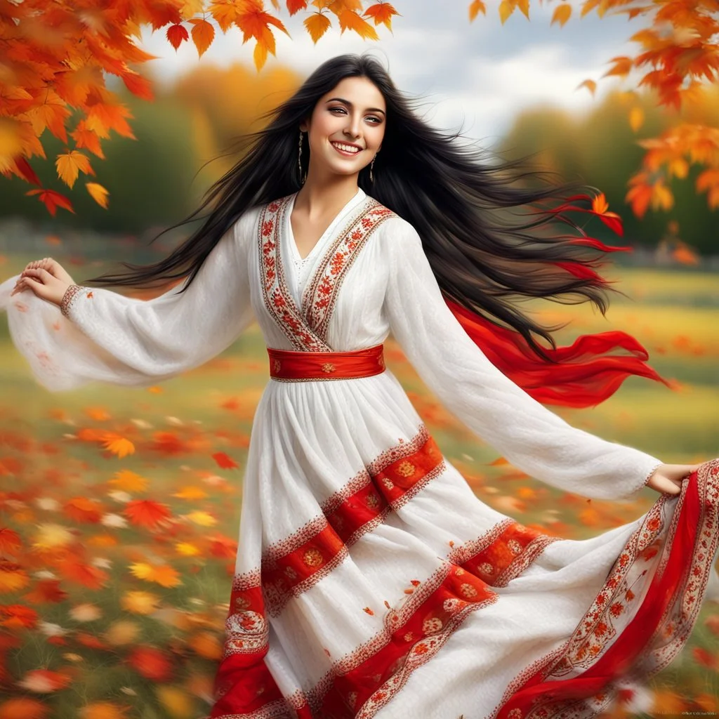 Hyper Realistic Photographic-View of Extremely-Beautiful Young Happy Pashto Girl With Long-Black-Hair-Beautiful-Eyes-&-white-frock-with-red-shawl-with-white-embroidery Whirling-&-smiling in Autumn-Weather with cloudy sky in-an-Autumn-garden-with-orange-leaves-whirling-&-grass-arches showing dramatic & cinematic ambiance.