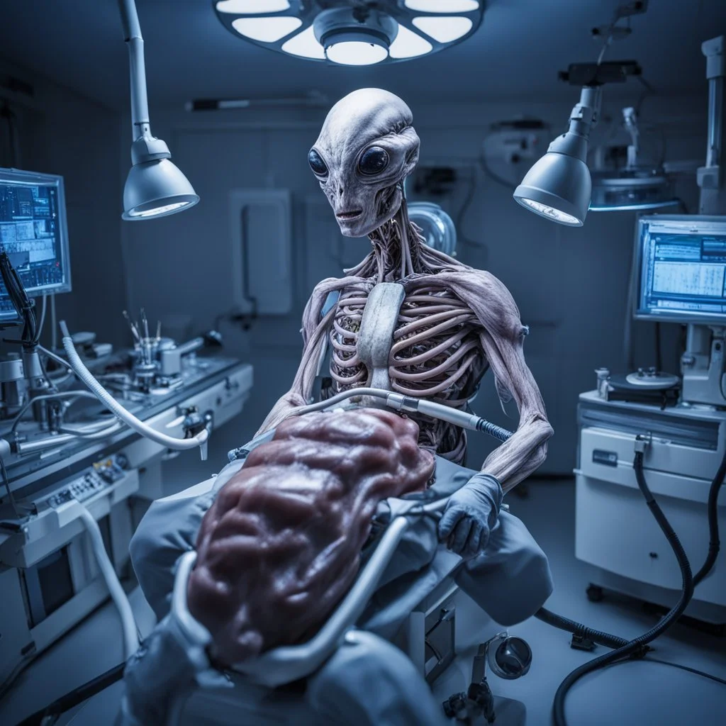 alien doing surgical procedure on man,open chest heart surgery,cables,operating lamp,surgical tools,detailed,8k, Mysteriousphoto, pereallistic cover photo, awesome full color, cin