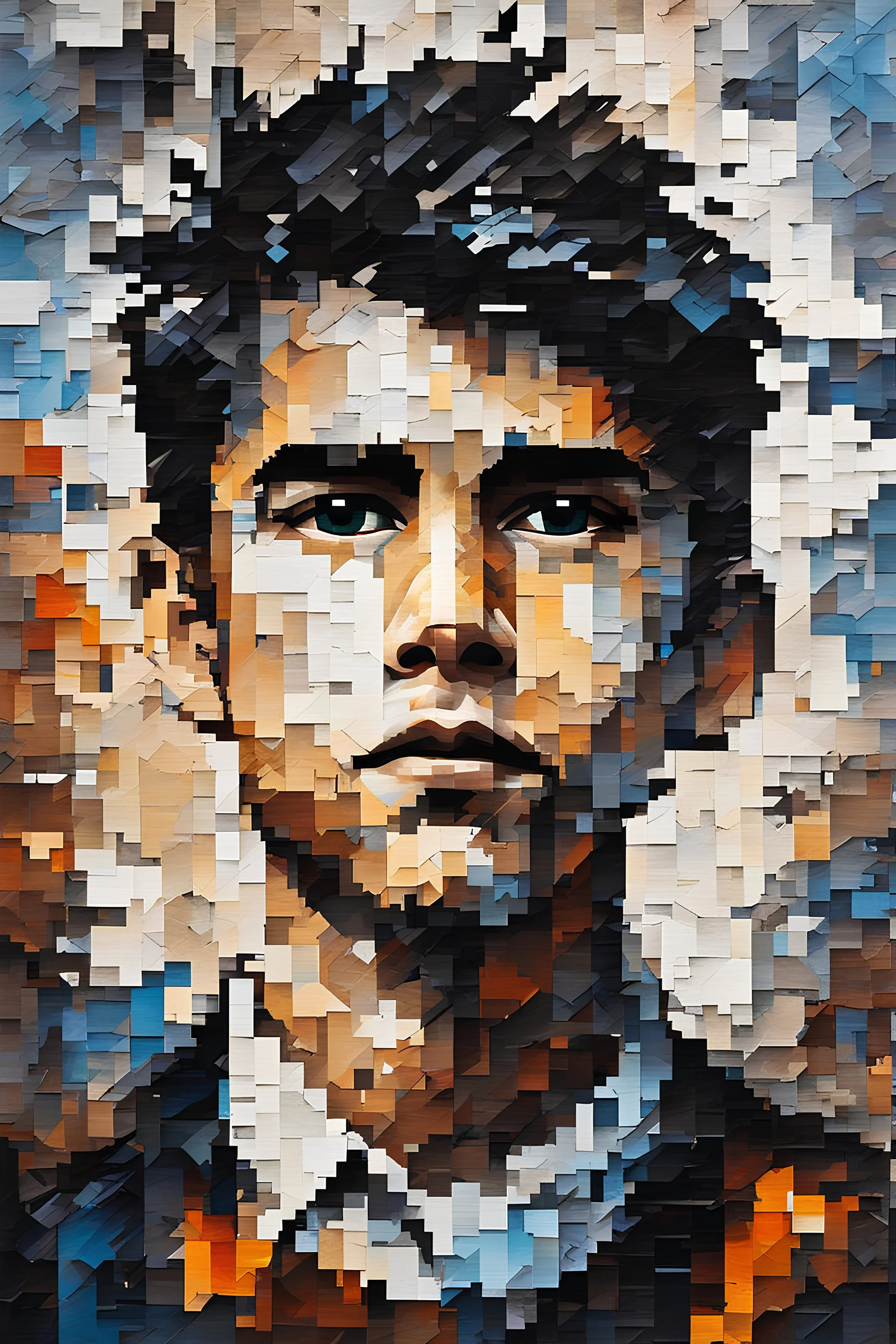 abstract art painting of a boy's face, in the style of pixelated portraits, cracked, oversized portraits, elegant