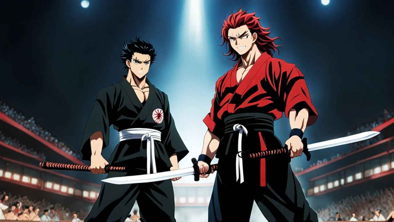 yujiro hanma vs yoriichi tsugukuni, baki vs kimetsu no yaiba, two mans standing in front of each other, a big strong man in black shirt with red hair and evil grin in martial art's stance with bare fists facing a smaller feminine swordsman with long hair and calm face reaching for his sword in traditional japanese clothes both preparing to fight each other