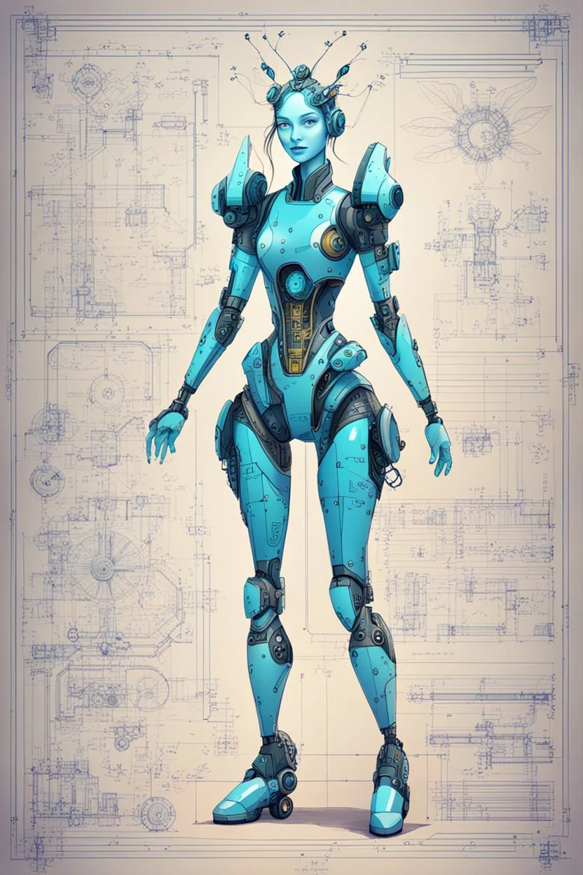 Hand drawn technical,full body illustration , with detailed blueprints and engineering schematics of a robotic hybrid walking leaf insect girl, with highly detailed facial features, drawings, and technical notation, 8k, vibrant natural metallic colors