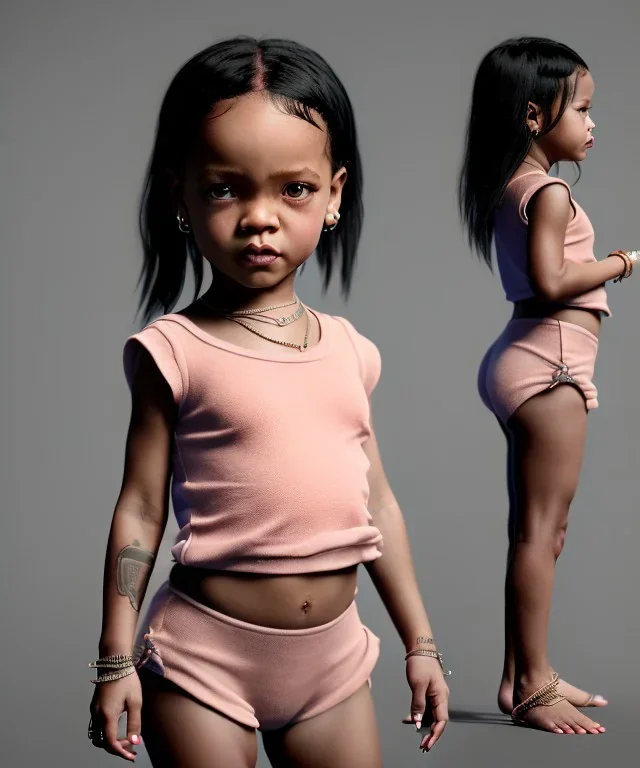 Rihanna toddler, full body, soft skin, dramatic lighting, hyper realistic