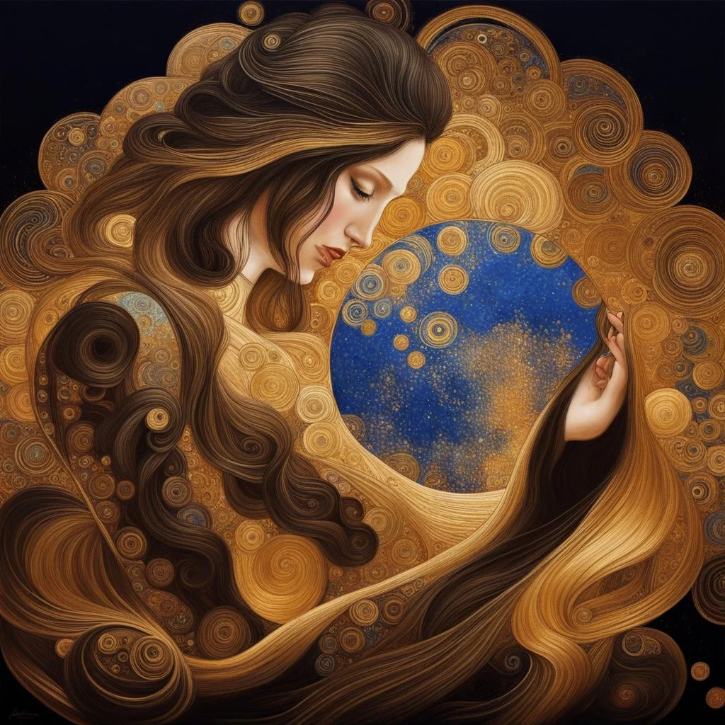 🔥 PROMPT: A stunning painting in the style of Gustav Klimt depicting a woman with long hair in a full-body portrait. The artwork features golden circles and swirls, a shimmering gold leaf background, and rich, detailed colors. This intricate piece exemplifies the Art Deco movement with its masterful design and vibrant elements.