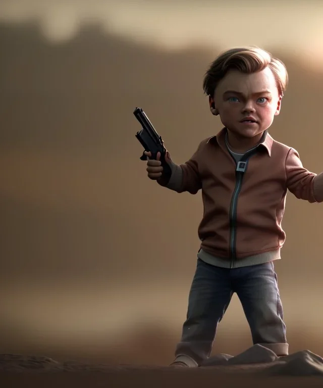 Leonardo di caprio toddler, full body, gun, car, dramatic lighting, hyper realistic