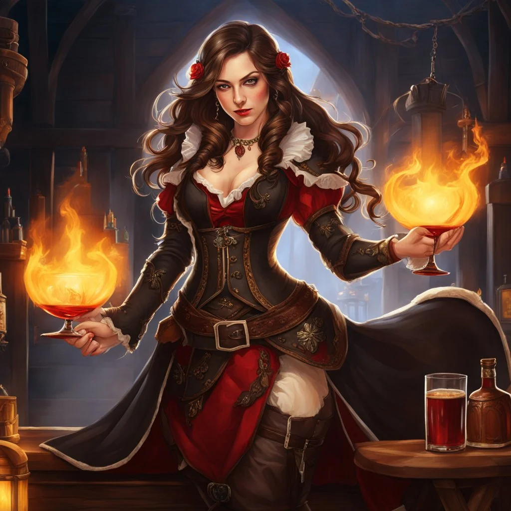 A young woman with pale skin and long brown hair in a fantasy tavern setting with intricate details. She is smirking, a tavern wench pouring a glass of whiskey, has intense red eyes, intimidating presence. High definition.